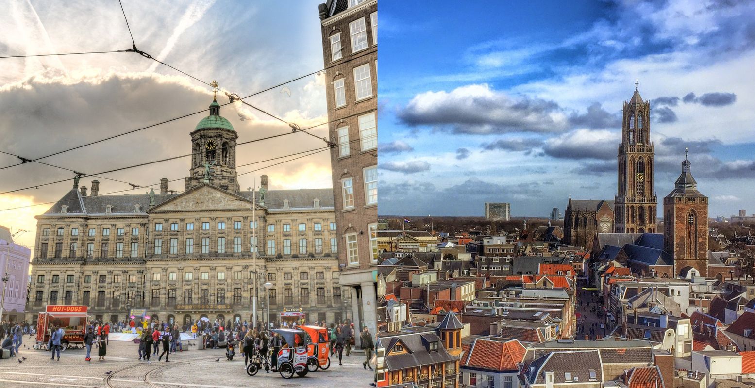 Het Paleis op de Dam in Amsterdam (links) en de Dom in Utrecht (rechts). Foto:  Rudy and Peter Skitterians  via  Pixabay  /  0805edwin  via  Pixabay 