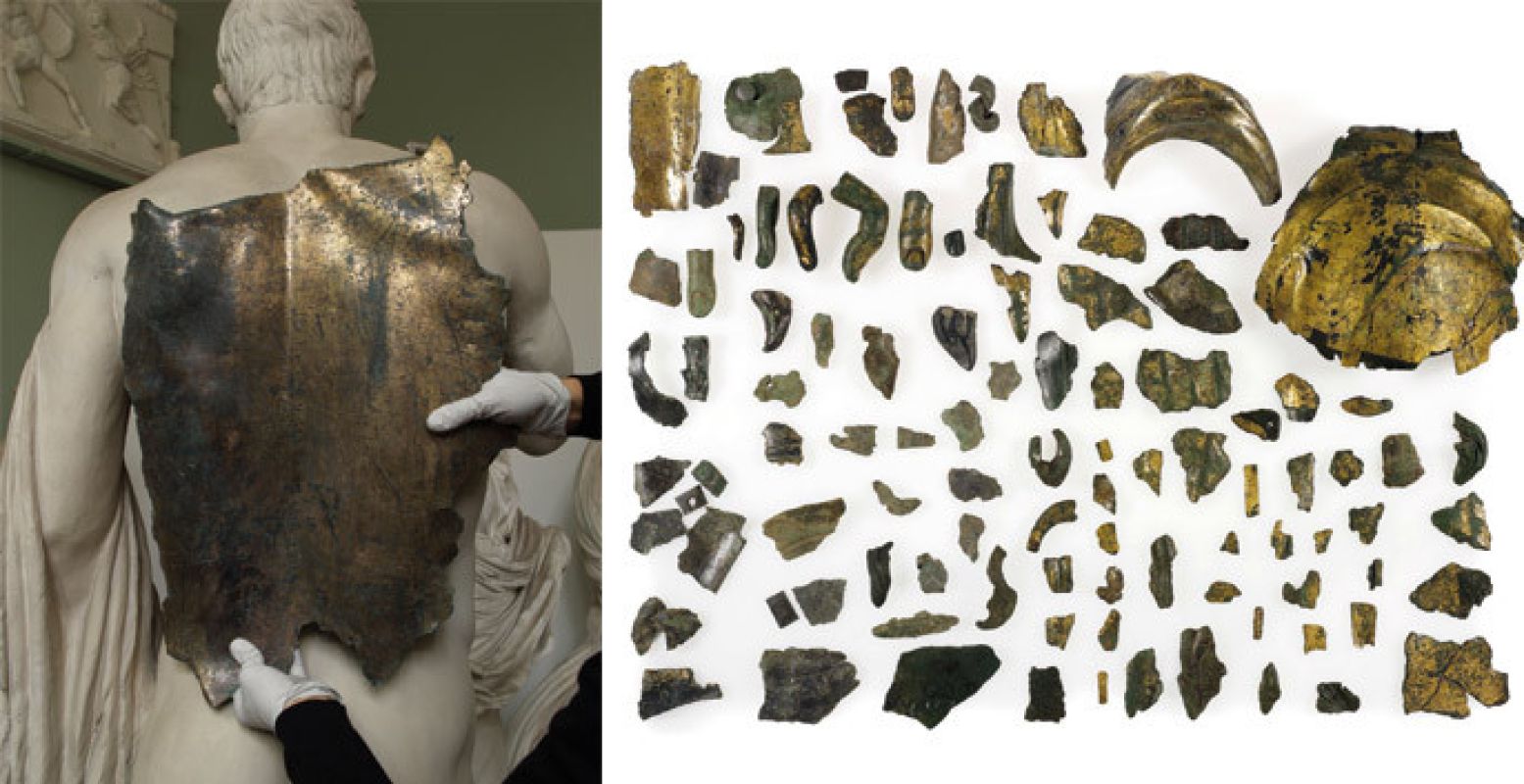 Rugfragment uit GroÃŸ-Gerau (links) en fragmenten uit een heiligdom van Vagdavercustis uit Kalkar.