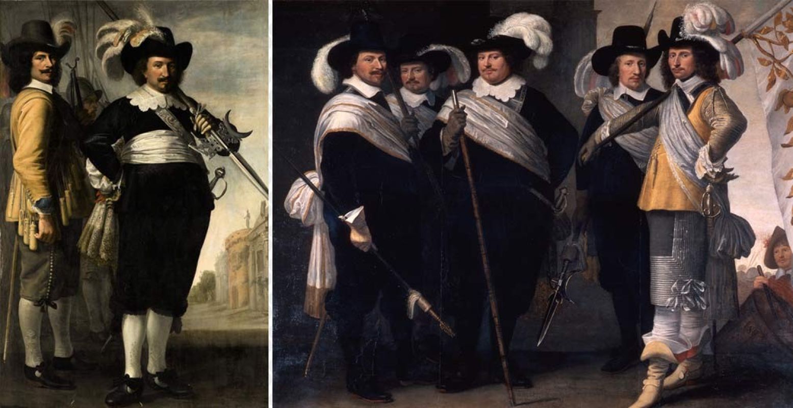 Links het gevonden schuttersstuk: Portret van Willem Reyersz. de Langue en Daniël Fransz. van der Brugge | 1648 Jacob Delff II.