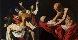 Over de foto: Links: Michelangelo Merisi, gen. Caravaggio. De graflegging van Christus (1602-1603). Olieverf op doek. 300 x 203 cm. Foto: © Pinacoteca Vaticana, Vaticaanstad. Rechts: Michelangelo Merisi, gen. Caravaggio. De mediterende Hiëronymus (c. 1605/1606). Olieverf op doek. 145,5 x 101,5 cm. Museu de Montserrat. Foto: © Museu de Montserrat. Links: Michelangelo Merisi, gen. Caravaggio. De graflegging van Christus (1602-1603). Olieverf op doek. 300 x 203 cm. Foto: © Pinacoteca Vaticana, Vaticaanstad. Rechts: Michelangelo Merisi, gen. Caravaggio. De mediterende Hiëronymus (c. 1605/1606). Olieverf op doek. 145,5 x 101,5 cm. Museu de Montserrat. Foto: © Museu de Montserrat.