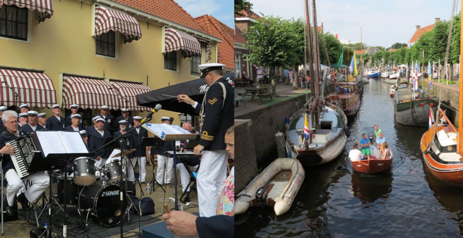 Zeemanskoren en bootje varen in het historisch centrum. Foto: Hassailt.