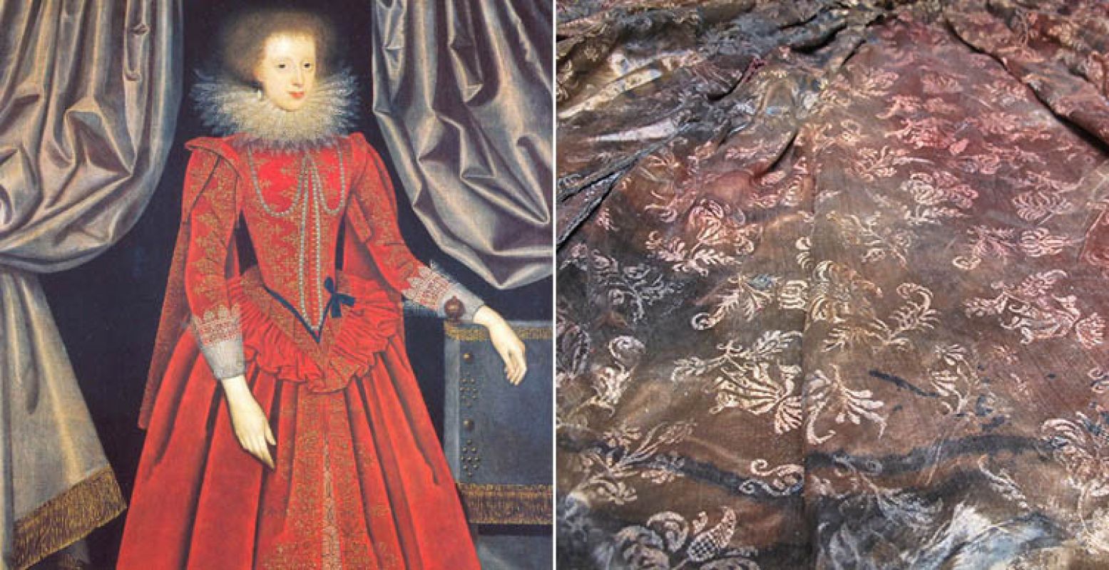 Links een voorbeeld van de kledingstijl uit de Gouden Eeuw. Rechts de gedetailleerde versiering van de japon. Foto links: Catherine Knevet, Countess of Suffolk, ca 1615 - W. Larkin. Foto rechts: Emmy de Groot, UvA.
