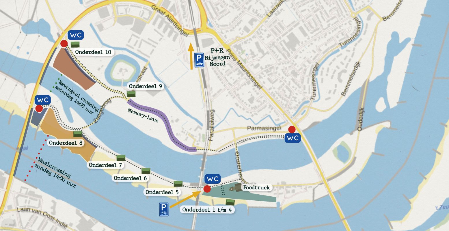 Bekijk de plattegrond van het evenemententerrein van de Waalcrossing. Foto: Waalcrossing Nijmegen