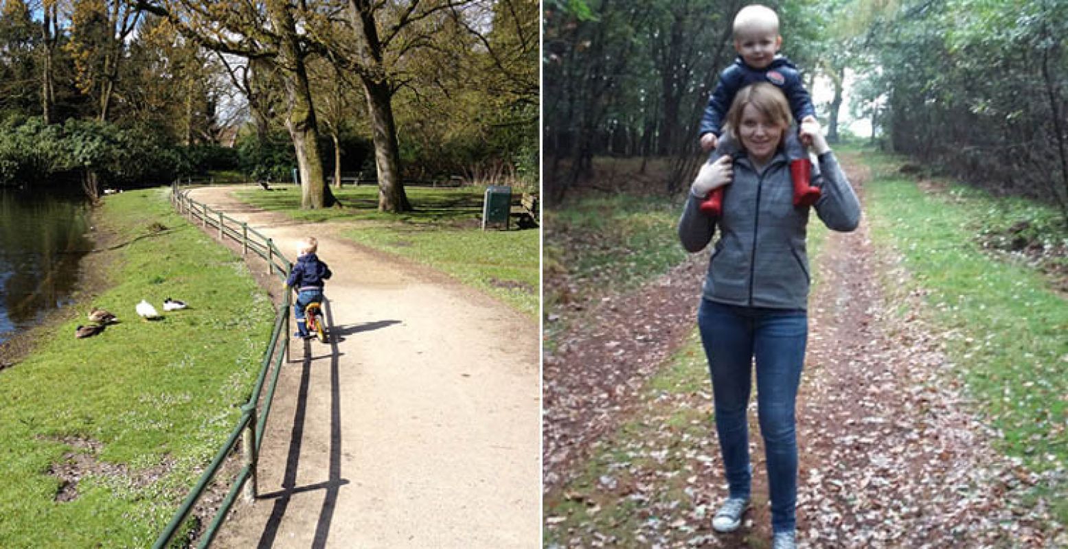 Links: Anja's zoontje in het Asserbos. Rechts: Anja met haar zoontje in het Asserbos. Foto's: Anja.