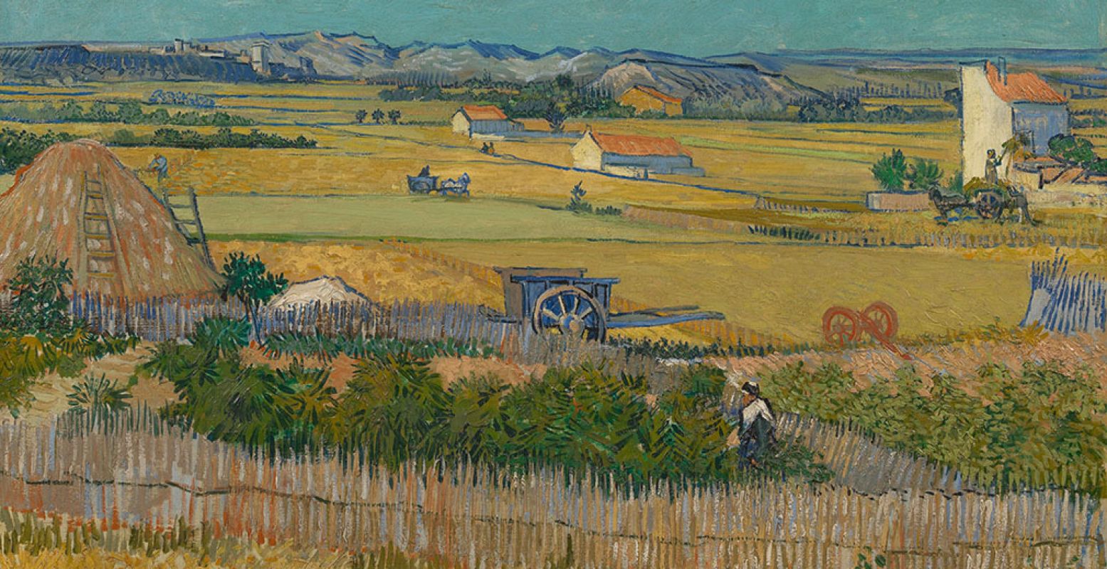Van Goghs gebruik van kleurvlakken om perspectief te creëren. De oogst, Vincent van Gogh (1853 - 1890), Arles, juni 1888, olieverf op doek, 73.4 cm x 91.8 cm. Foto: Van Gogh Museum, Amsterdam (Vincent van Gogh Stichting)