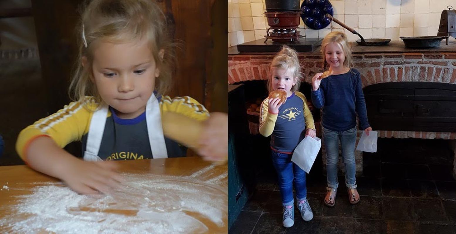 Links: zelf aan de slag om iets te bakken. Rechts: smullen van de zelfgemaakte gevulde koek! Foto: Redactie DagjeWeg.NL.