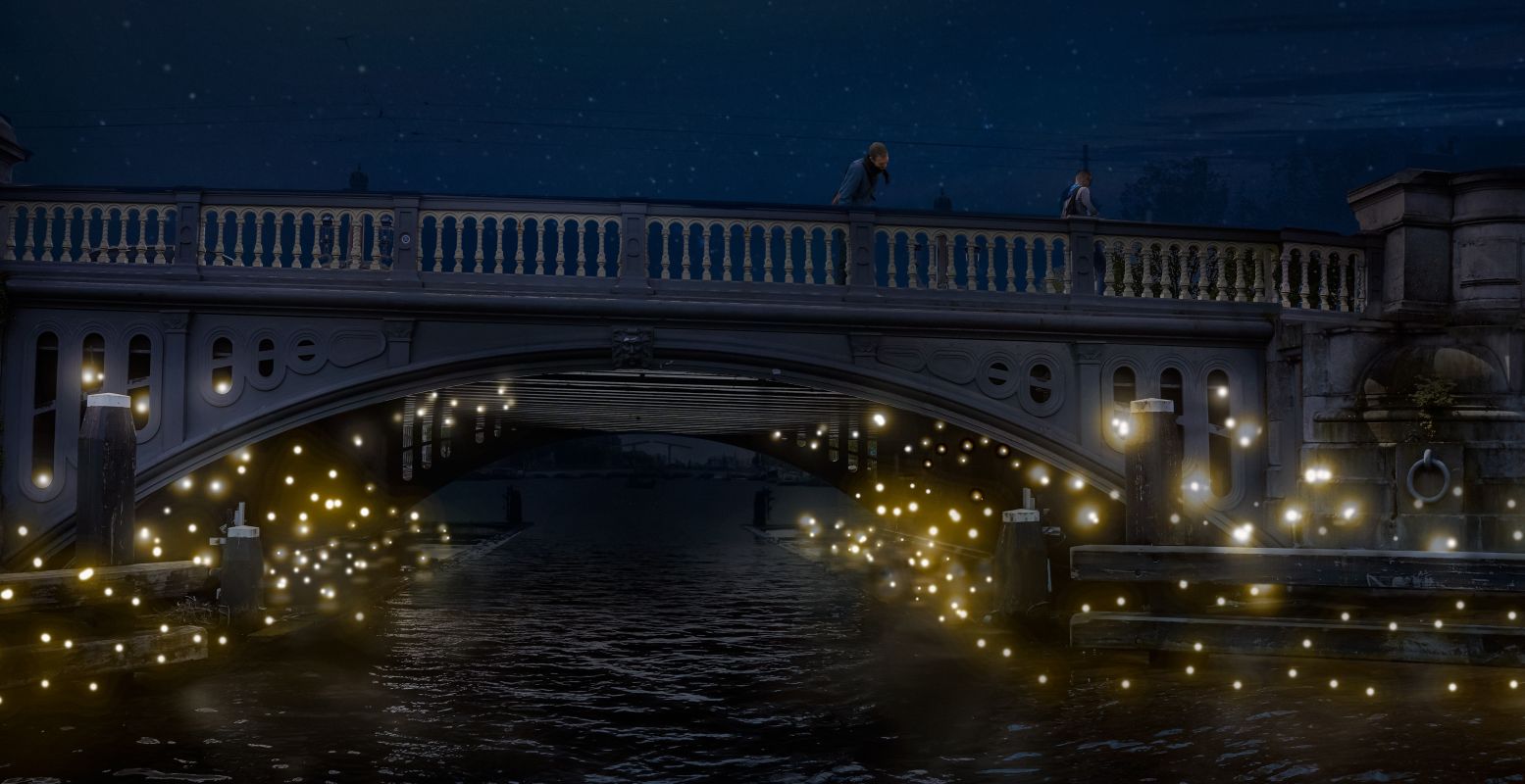 Honderden vuurvliegjes rond een Amsterdamse brug. Foto: Amsterdam Light Festival