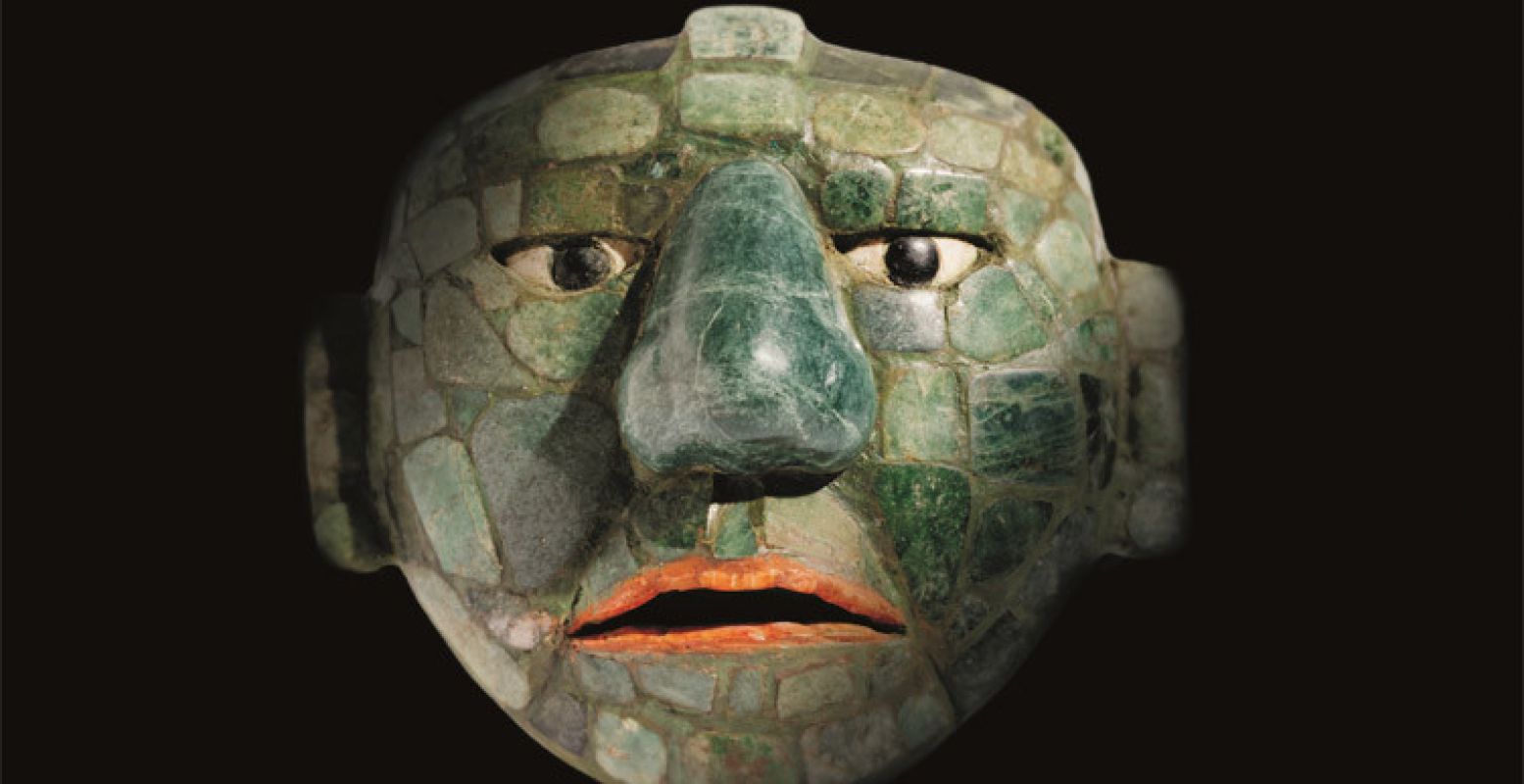 Masker gemaakt van jade, obsidiaan en schelpen, 500 - 800 na Christus, jade, collectie: Fundaciân La Ruta Maya, Guatemala