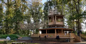 Ontdek het klimbos van Natuurlijk Heidepark De klimtoren. Hier krijg je instructies, kun je rustig oefenen en ga je de klimroutes op. Foto: DagjeWeg.NL © Tonny van Oosten