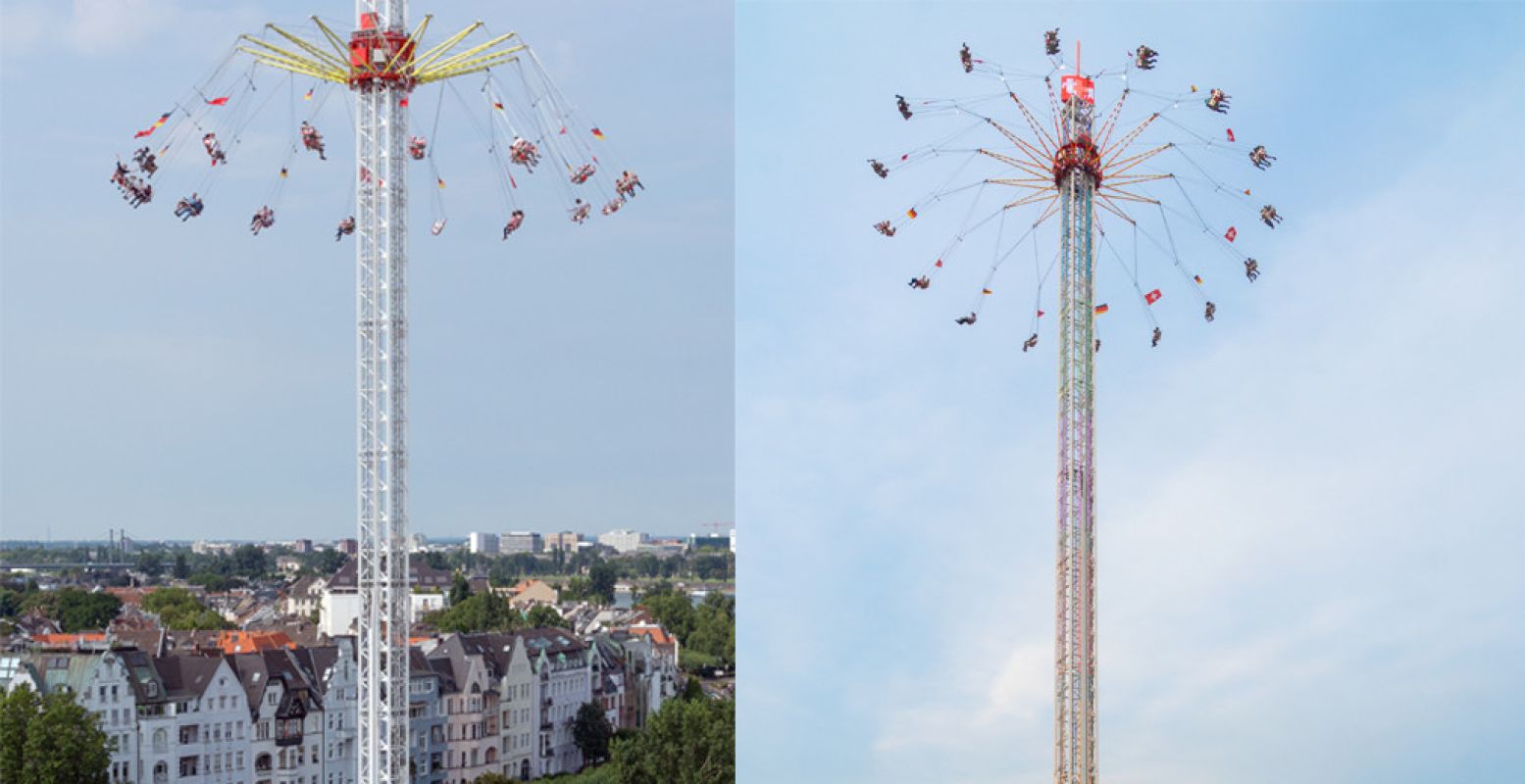 Jawel, dit is hem: The Flyer, 's werelds hoogste zweefmolen. Foto: Mega Kermis Uden.