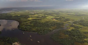 Onvervangbaar en uniek: de Romeinse Limes Romeinse schepen trekken over de rivier de Rijn, een art impressie van hoe het eruit zag in de Romeinse tijd. Tekening: Mikko Kriek