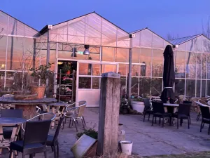 In de kas kun je een kopje koffie drinken. Foto: Hanneke's Pluktuin © Willemijn Monsma