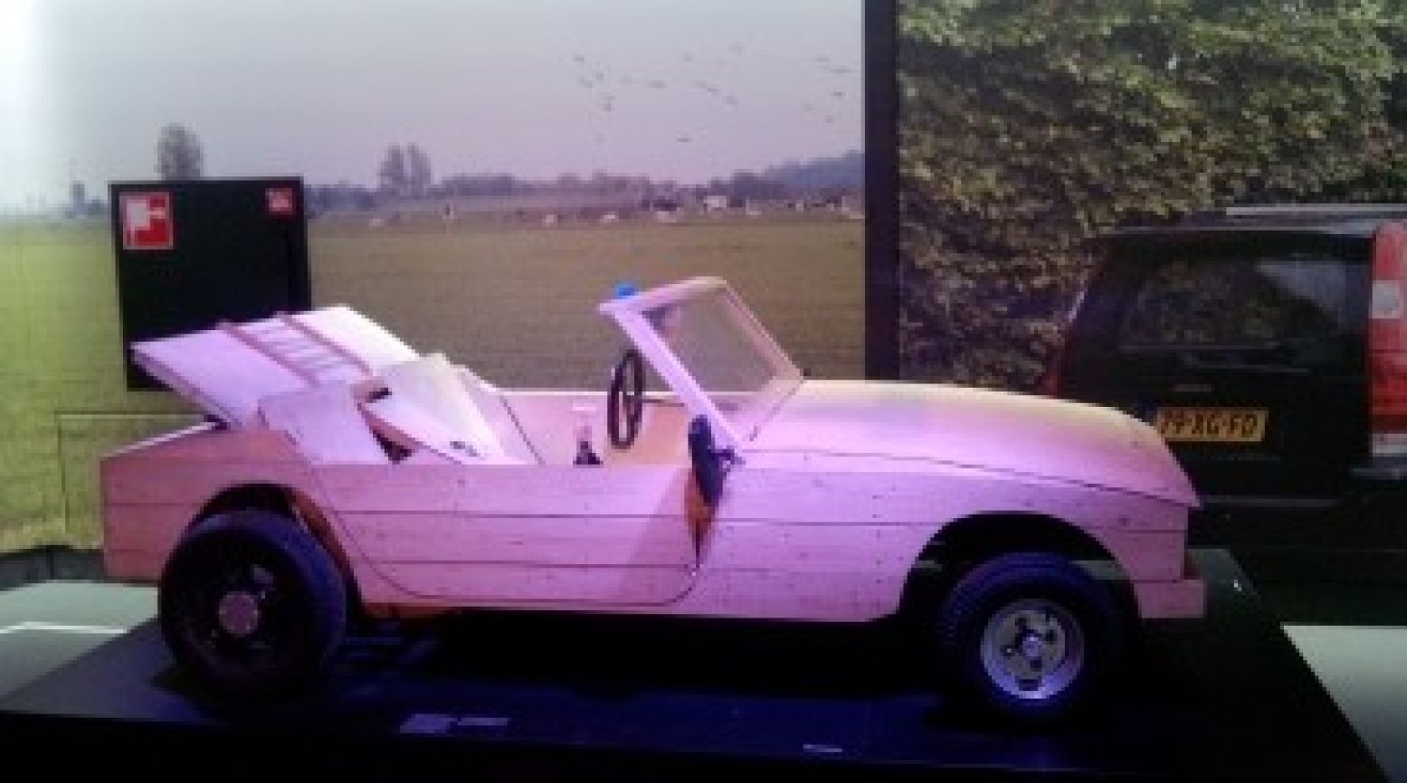 De houten cabrio die door twee studenten werd gebouwd en van de snelweg werd geplukt. Foto: DagjeWeg.NL
