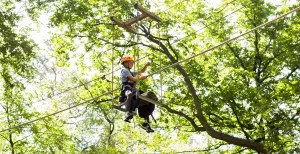 Spring 16 meter omlaag in Klimbos Harderwijk Wie waagt de sprong? Of toch maar liever via een ander obstakel verder? Bij Klimbos Harderwijk kies je zelf. Foto: Klimbos Harderwijk