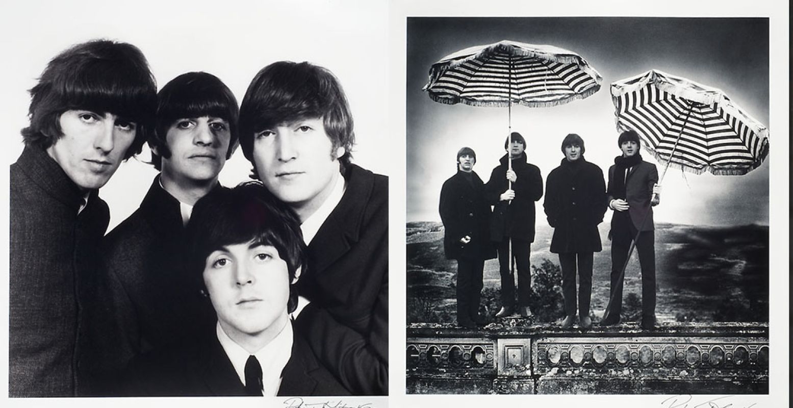 Links: The Beatles gefotografeerd in Sheriff Road Studio, Londen 1965. Rechts: 'Umbrella', genomen in Perthshire, Schotland 1964. Foto: allebei van Robert Whitaker.