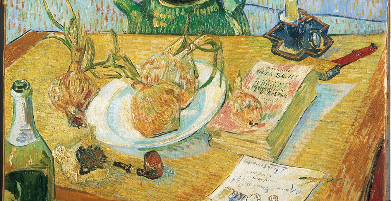 Vincent van Gogh, Stilleven rond een bord met uien, begin januari 1889, olieverf op doek, januari 1889, Coll. Kröller-Müller Museum, Otterlo