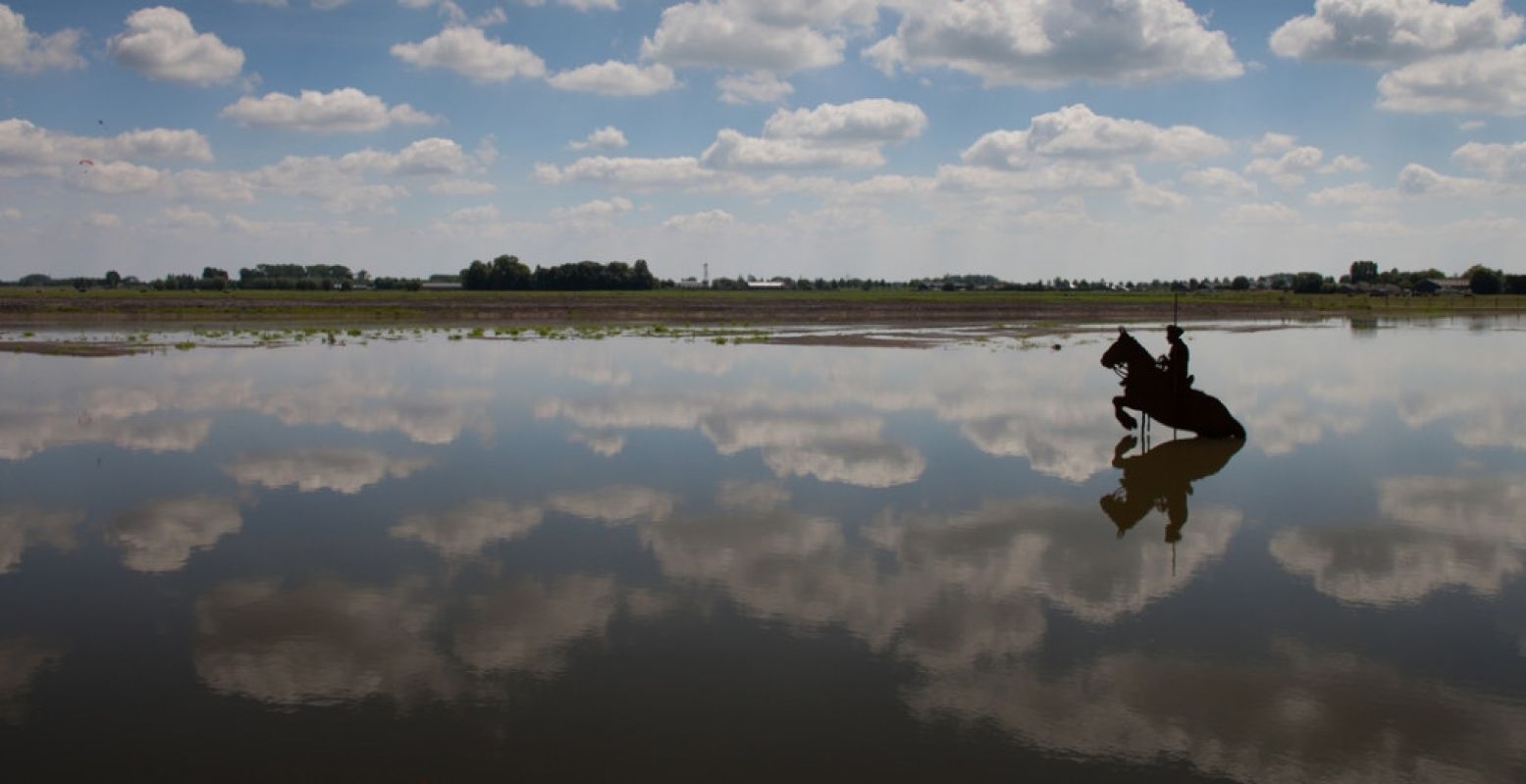 Polder Blokhoven bij Schalkwijk werd ooit onder water gezet om Nederland te verdedigen. Nu is het een waterbergingsgebied, waar een beeld de herinnering terugroept aan de oude functie in de Hollandse Waterlinie. Foto: Desiree Meulemans