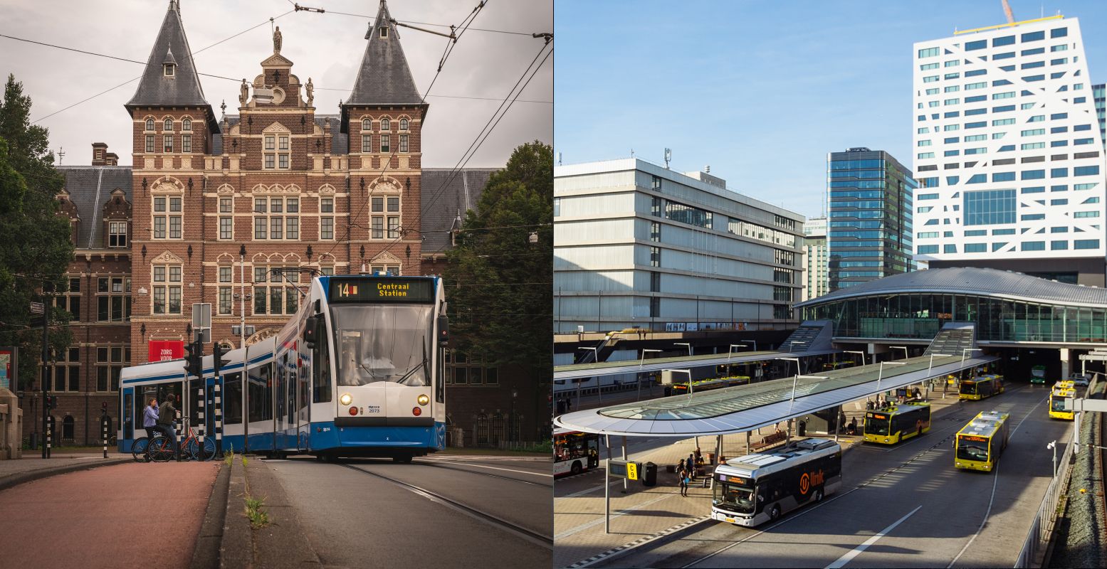 De tram in Amsterdam (links) en de bus op Utrecht Centraal (rechts). Foto:  Liam McGarry  on  Unsplash  / Utrecht Marketing © Lotte Stierhout